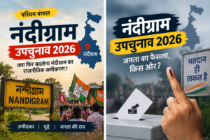 नंदीग्राम उपचुनाव 2026 पर आधारित समाचार ग्राफिक, जिसमें पश्चिम बंगाल का नक्शा, नंदीग्राम का साइनबोर्ड, चुनावी रैली, राजनीतिक दलों के झंडे, मतदान करती उंगली और बैलेट बॉक्स दिखाई दे रहे हैं।